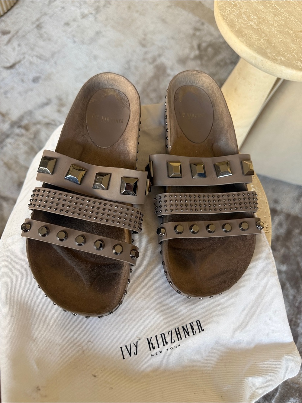 Ivy Kirzhner Taupe Studded Triple-Strap Slide Sandals